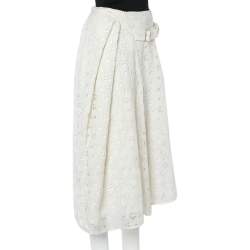 Pre Owned Victoria Beckham Off-White Floral Lace Pleated Asymmetric Hem Midi Skirt S