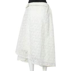 Pre Owned Victoria Beckham Off-White Floral Lace Pleated Asymmetric Hem Midi Skirt S