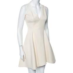 Pre Owned Victoria Beckham Cream Wool Crepe & Mesh Sleeveless Mini Dress S