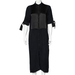 Pre Owned Victoria Victoria Beckham Black Striped Crepe Pintuck Detail Button Down Midi Dress M