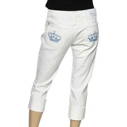 Pre Owned Victoria Beckham X Rock & Republic White Denim Crown Embroidered Capri Jeans M