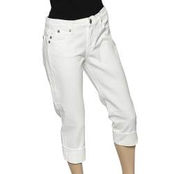 Pre Owned Victoria Beckham X Rock & Republic White Denim Crown Embroidered Capri Jeans M