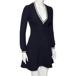 Pre Owned Victoria Beckham Navy Blue Wool V-Neck Mini Dress S 