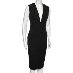 Pre Owned Victoria Beckham Black Crepe Plunging Neck Sleeveless Midi Dress M