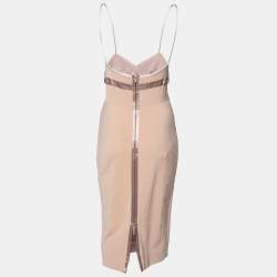 Pre Owned Victoria Beckham Nude Knit Satin Trimmed Cut-Out Detailed Bodycon Dress L