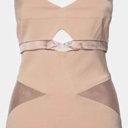 Pre Owned Victoria Beckham Nude Knit Satin Trimmed Cut-Out Detailed Bodycon Dress L