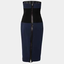 Pre Owned Victoria Beckham Navy Blue & Black Paneled Silk & Wool Strapless Dress L