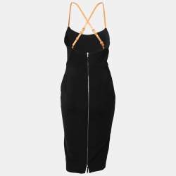 Pre Owned Victoria Beckham Black Stretch Knit Leather Strap Detail Dress M