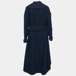 Pre Owned Victoria Beckham Navy Blue Wool Ribbed Trims Belted Coat S