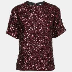 Victoria Beckham Burgundy Sequin Crew Neck Top S