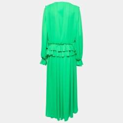 Pre Owned Victoria Beckham Green Floral-Applique Georgette Pleated Maxi Dress S