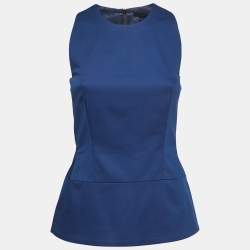 Pre Owned Victoria Beckham Navy Blue Cotton Sleeveless Peplum Top M