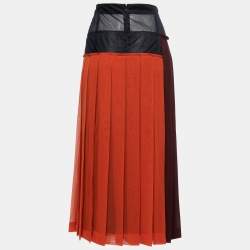 Pre Owned Victoria Beckham Burgundy Colorblock Paneled Chiffon Pleated Midi Skirt M