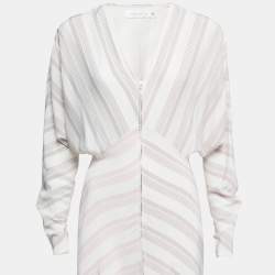 Pre Owned Victoria Beckham White Striped Silk & Chiffon Paneled Maxi Dress M
