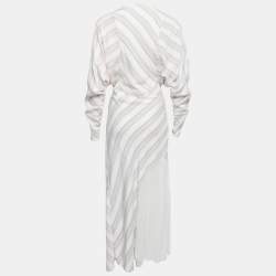 Pre Owned Victoria Beckham White Striped Silk & Chiffon Paneled Maxi Dress M