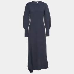 Victoria Beckham Navy Blue Crepe Full Sleeve Slit Detail Maxi Dress M