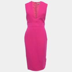 Pre Owned Victoria Beckham Pink Silk & Wool Deep Neck Sleeveless Midi Dress M