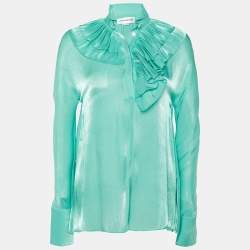 Pre Owned Victoria Beckham Green Silk Lame Ruffled Top S
