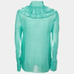 Pre Owned Victoria Beckham Green Silk Lame Ruffled Top S