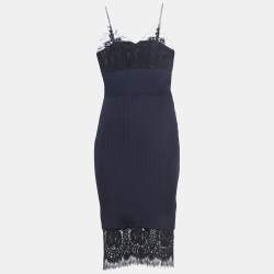 Victoria Beckham Navy Blue Pinstriped Wool Lace-Trimmed Midi Dress S