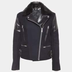 Victoria Beckham Navy Blue Fur and Leather Trim Wool Biker Jacket S