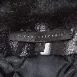 Victoria Beckham Navy Blue Fur and Leather Trim Wool Biker Jacket S