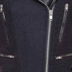 Pre Owned Victoria Beckham Navy Blue Fur and Leather Trim Wool Biker Jacket S