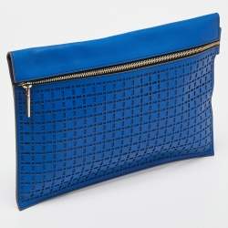 Pre Owned Victoria Beckham Blue Laser Cut Leather Large Zip Pouch