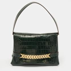 Pre Owned Victoria Beckham Dark Green Croc Embossed Leather Puffy Chain Flap Bag