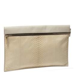 Pre Owned Victoria Beckham Ivory Leather and Python Zipper Clutch
