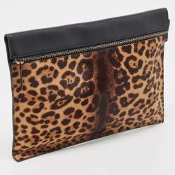 Pre Owned Victoria Beckham Brown/Black Leopard Print Calf Hair and Leather Zip Pouch