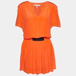 Pre Owned Victoria Victoria Beckham Orange Silk Elastic Waist Detail Mini Dress M