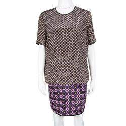 Victoria Victoria Beckham Multicolor Printed Silk and Jacquard Short Sleeve Dress M