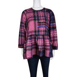 Pre Owned Victoria Victoria Beckham Multicolor Checked Crushed Silk Peplum Top L
