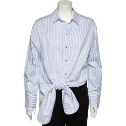 Pre Owned Victoria Victoria Beckham White & Blue Cotton Bow Detail Shirt M
