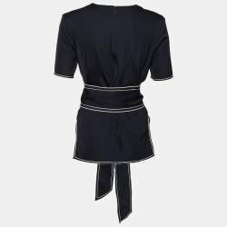 Pre Owned Victoria Victoria Beckham Navy Blue Crepe Contrast Trimmed Belted Top S