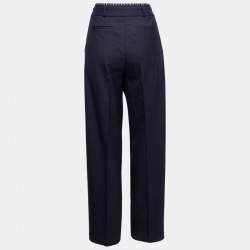 Pre Owned Victoria Victoria Beckham Midnight Blue Wool Logo Tape Trim Detail Straight Leg Pants S