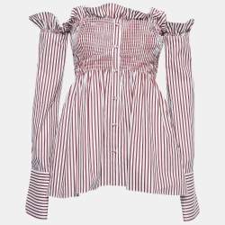 Pre Owned Victoria Victoria Beckham White/Red Striped Cotton Off-Shoulder Blouse S