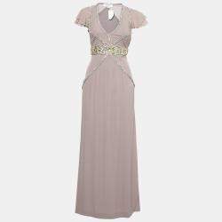 Viktor & Rolf Soir Mauve Silk Crystal Embellished Layered Flutter Sleeve Evening Gown S