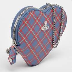 Pre Owned Vivienne Westwood Blue/Red Check Printed Saffiano Heart Zip Crossbody Bag
