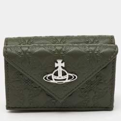 Vivienne Westwood Olive Green Monogram Embossed Leather Envelope Billfold Small Frame Wallet