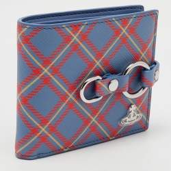 Pre Owned Vivienne Westwood Blue/Orange Tartan Print Saffiano Leather Billfold Bondage Wallet