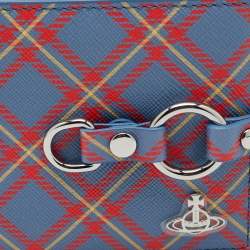 Pre Owned Vivienne Westwood Blue/Orange Tartan Print Saffiano Leather Billfold Bondage Wallet