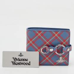 Pre Owned Vivienne Westwood Blue/Orange Tartan Print Saffiano Leather Billfold Bondage Wallet