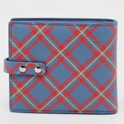 Pre Owned Vivienne Westwood Blue/Orange Tartan Print Saffiano Leather Billfold Bondage Wallet