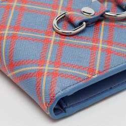 Pre Owned Vivienne Westwood Blue/Orange Tartan Print Saffiano Leather Billfold Bondage Wallet