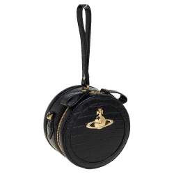 Pre Owned Vivienne Westwood Black Croc Embossed Faux Leather Round Crossbody Bag