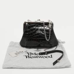 Vivienne Westwood Black Croc Embossed Leather Granny Frame Chain Clutch