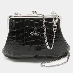 Vivienne Westwood Black Croc Embossed Leather Granny Frame Chain Clutch