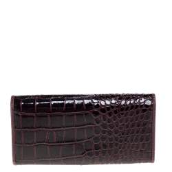 Pre Owned Vivienne Westwood Plum Croc Embossed Patent Leather Flap Continental Wallet